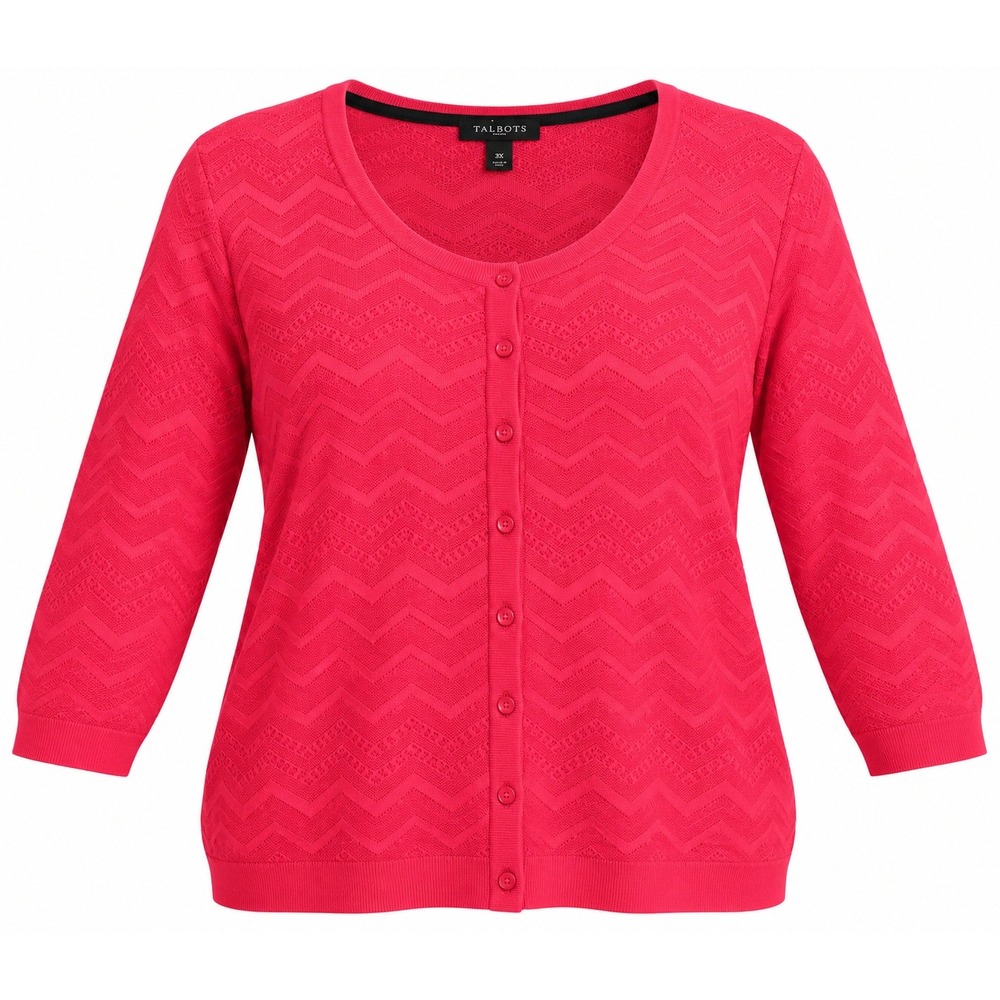 Talbots Woman 3X Pink Chevron Pointelle Cardigan Sweater Cotton Rayon 3/4 Sleeve